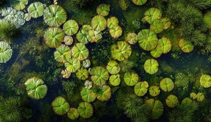 Top-down view of vibrant green lily pads floating on dark, reflective water