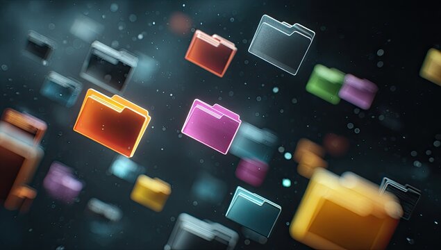 Abstract digital art of colorful translucent folders floating in space