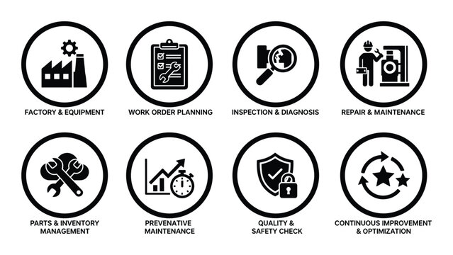 Industrial maintenance management icons including work order planning and equipment quality control