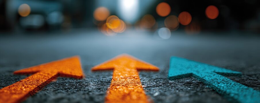 Three painted arrows on asphalt lead towards a blurred city background