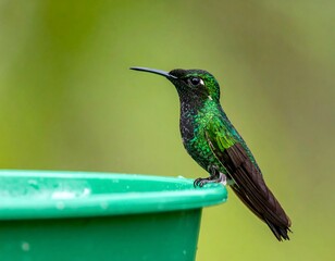 Fototapeta premium A vibrant green hummingbird perches on a green container