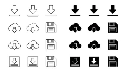 Black and white download icons set for file sharing and cloud storage concepts