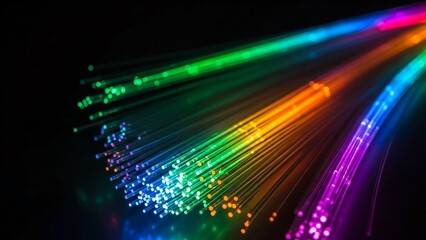 Vibrant rainbow colored fiber optic cables radiate light beams against a dark background symbolizing technology and communication