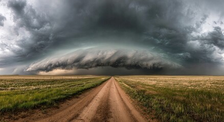 A dirt road leads toward an ominous, shelf-like storm cloud formation