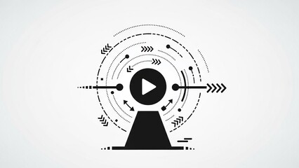 Black play button icon with circular motion graphics and arrows on white background for video or media playback