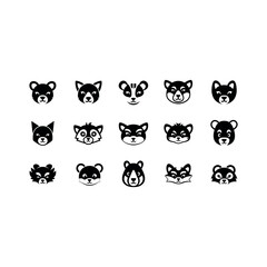 Fototapeta premium Various animal faces are shown in black and white illustrations.