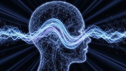 Glowing human head with radiant blue neural waves and network connections on dark background representing brain activity and artificial intelligence concepts