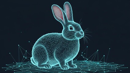 Glowing neon rabbit with long ears standing on digital ground with futuristic lines and dots against dark background