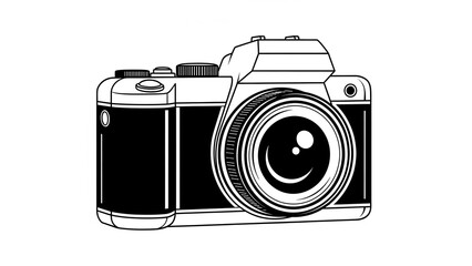 Detailed black and white illustration of a camera with lens and dials on a plain white background showcasing photography equipment
