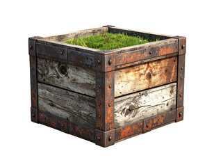 Rustic wooden planter with metal trim, filled with vibrant green moss