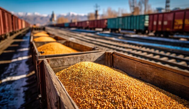 Freight train cars filled with golden corn kernels, awaiting transport