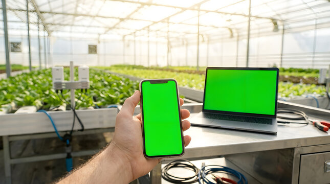 Modern Technology Application at Greenhouse Farm with Laptop and Mobile Phone