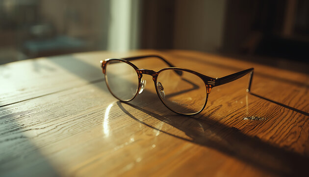 Glasses resting on a wooden table with sunlight casting shadows close-up indoors