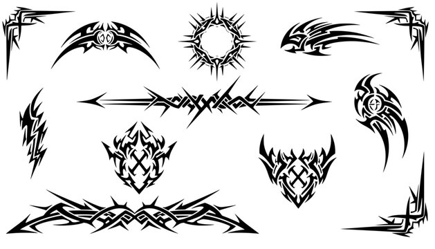 Black neo tribal vector pack featuring spiked sun circles, sharp lightning bolts, and gothic corner frames for Y2K streetwear graphic design assets