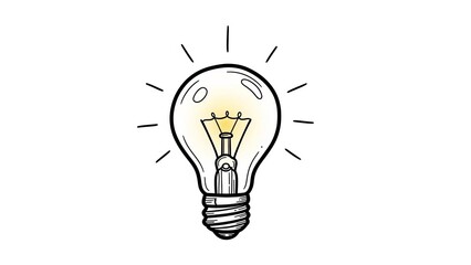 Glowing light bulb with rays on white background symbolizing ideas and innovation in business and creativity