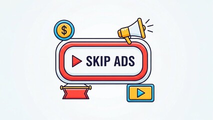 Skip ads button with megaphone and dollar sign on white background advertising concept digital marketing online video