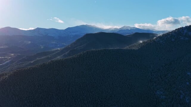 Snow covered Mount Blue Sky Mt Evans wind blown Bergen Peak Elk Meadow Park sunny sunset Evergreen Colorado aerial drone blue sky foothills valley forest Front Range Rocky Mountains circle left motion
