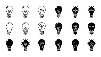 Collection of black and white light bulb icons in various styles and states on a plain background for creative concepts