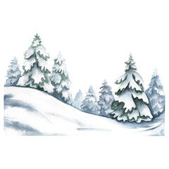 Fototapeta premium Winter coniferous forest. Hand-drawn watercolor illustration of a snowy winter landscape. Design element for festive Christmas greeting cards, posters, banners, packaging, and more.