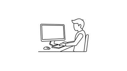 Man working on computer sitting at desk with monitor and keyboard line art illustration of person typing on pc