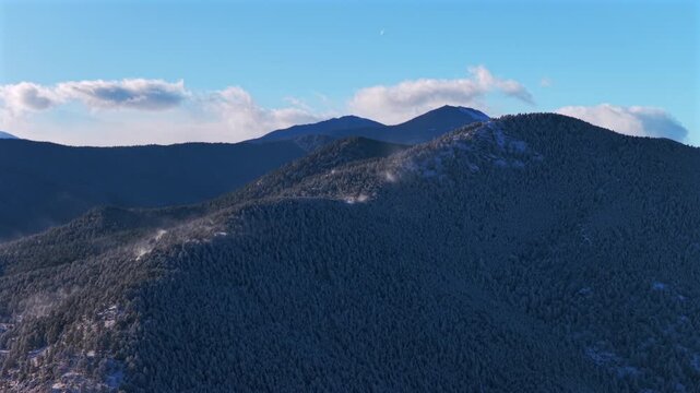 Winter snowy Elk Meadows Bergen Peak Evergreen Colorado aerial drone windy sunny blue sky Front Range Rocky Mountains Witter Gulch Troutdale Village Upper Bear Creek Road Chief Mountain circle left mo