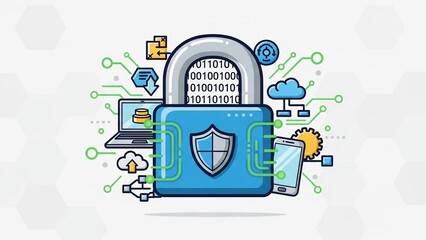 Digital security concept with padlock shield and devices for online protection and data encryption