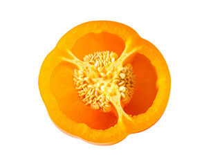 A bright orange bell pepper cut in half, revealing seeds and pulp