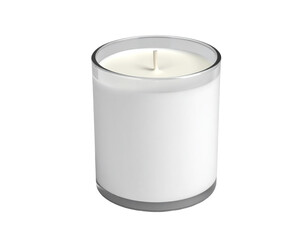Unlit, white-wax candle in clear glass vessel with blank label
