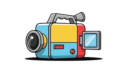 Colorful retro video camera with handle and viewfinder on white background nostalgic recording device