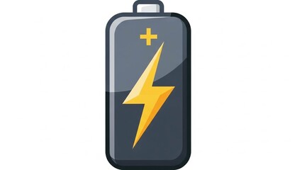Battery icon with yellow lightning bolt and plus sign on dark gray background symbolizing energy and power