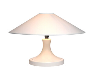 A softly lit, elegant table lamp with a conical shade and a curved base