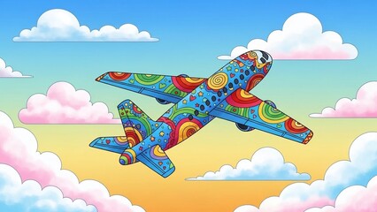 Colorful airplane flying through fluffy clouds in a bright sky with vibrant rainbow patterns