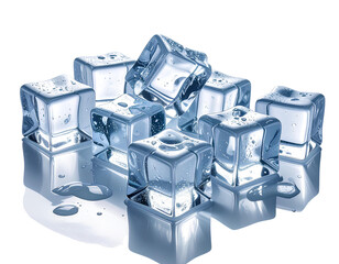 Several ice cubes slightly tilted and scattered, showing 3D depth, reflections, and transparent background