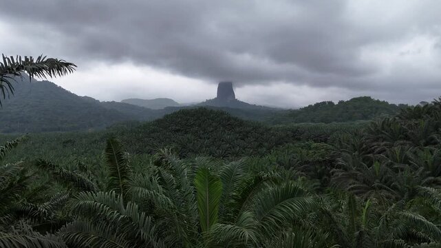 Aerial drone breathtaking view of the majestic Pico C&atilde;o Grande volcanic plug rising above the dense, misty jungle of Sao Tome Island with Lush tropical rainforest landscape