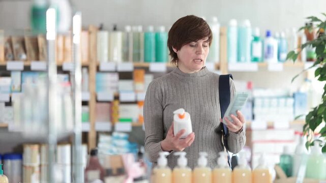 Woman in autumn clothes choosing skin cream at the drugstore. High quality FullHD footage
