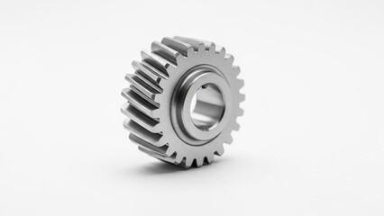 Metal gear wheel with toothed edges and central hole isolated on white background showcasing industrial machinery component with precise engineering and mechanical detail