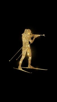 Luxury female biathlete shooting with golden glitter, alpha channel