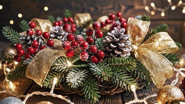 Festive holiday centerpiece with pine, berries, pinecones, golden ribbon, and lights