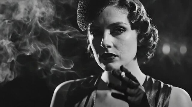 Elegant vintage woman in black and white smoking a cigarette with smoke billowing, vintage fashion