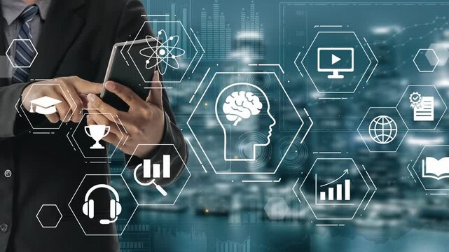 Businessman using smartphone with digital interface showing educational icons, graphs, and innovative technology in a modern cityscape background Gluon.