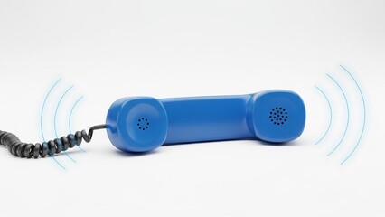 Vintage blue corded telephone receiver with signal waves on white background symbolizing communication and nostalgia