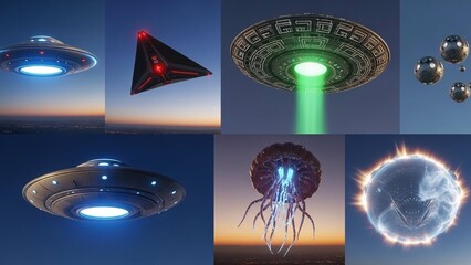 Collection of futuristic unidentified flying objects and mysterious celestial entities in various atmospheric settings