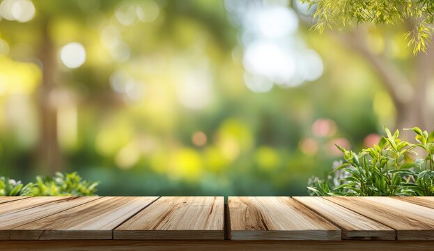Rustic wooden tabletop with soft green foliage and dappled sunlight backdrop