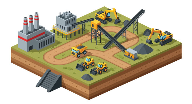 Isometric illustration of an industrial complex with machinery and smokestacks