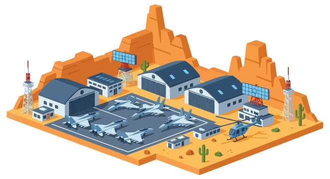 Isometric view of a desert airbase with military aircraft and buildings