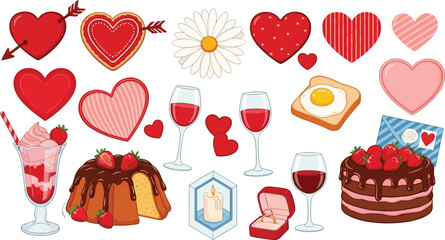 Valentines Day Love Vector Illustration Set with Hearts Wine Desserts Candles and Romantic Elements for Greeting Cards Posters Stickers and Holiday Designs