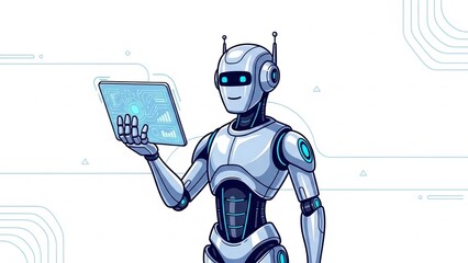 Robot holding tablet with futuristic interface on white background with blue accents and technology symbols