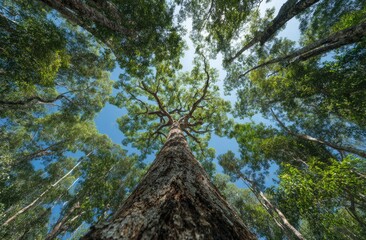 Looking up through a towering forest canopy towards a bright, clear sky
