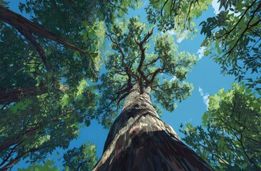 A towering, ancient tree viewed from below, reaching towards a bright, cloud-dappled sky