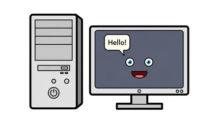 Friendly computer with a smiling monitor and tower on a white background displaying a cheerful greeting message